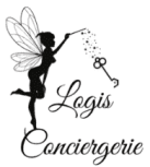 Logo de Logis Conciergerie représentant une silhouette de fée vue de profil avec des ailes transparentes. La fée tient une baguette magique qui projette des étoiles vers une clé ornementale. Sous cette illustration figurent les mots 'Logis Conciergerie' en typographie élégante et cursive